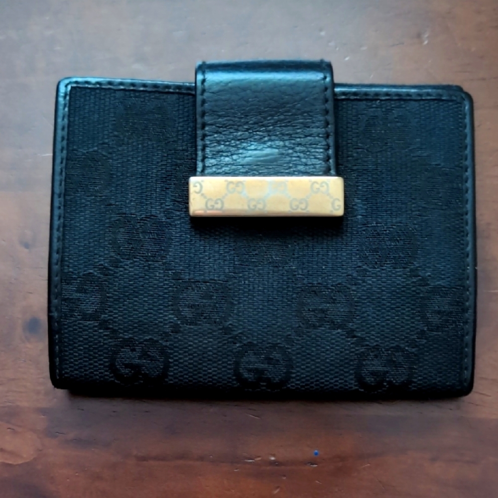 Gucci Monogram Black Canvas/Leather Wallet with Gold Clasp, EUC